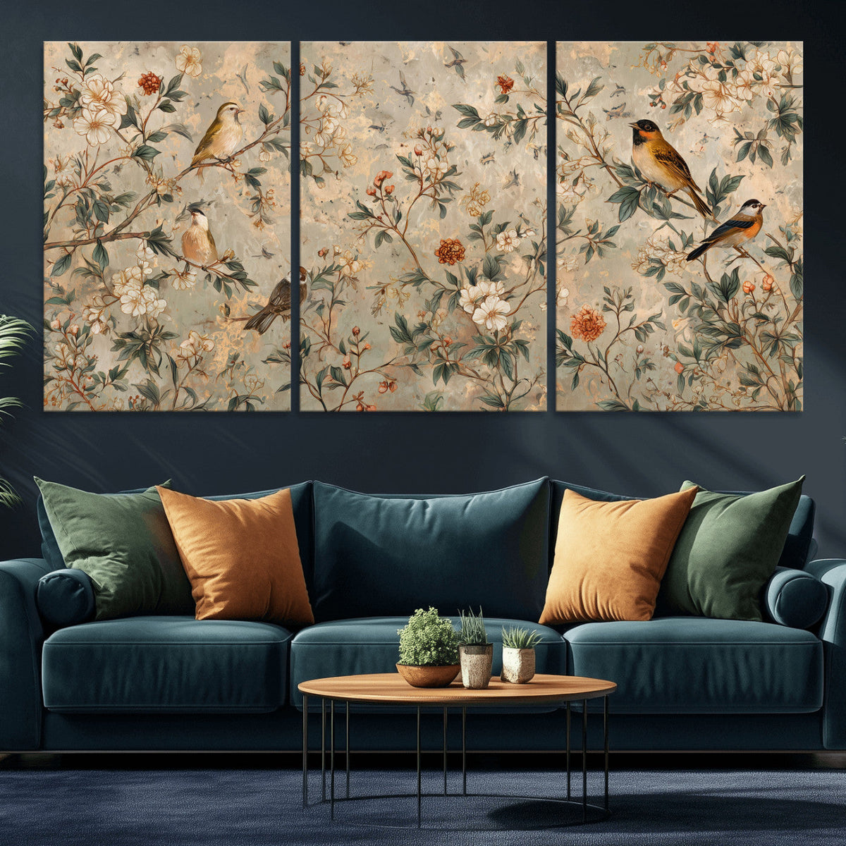 Vintage Birds and Flowers Wall Art Canvas Print, Botanical