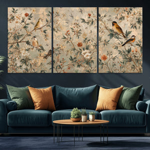 Vintage Birds and Flowers Wall Art Canvas Print, Botanical