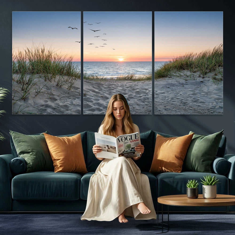 Sandy Dune Path Sunset Canvas Wall Art — Seagulls Beach