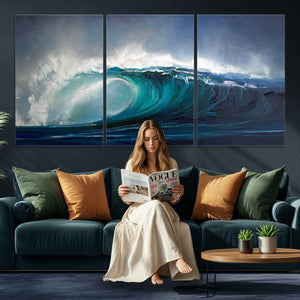 Ocean Wave Canvas Wall Art, Dramatic Teal Blue Seascape Oil