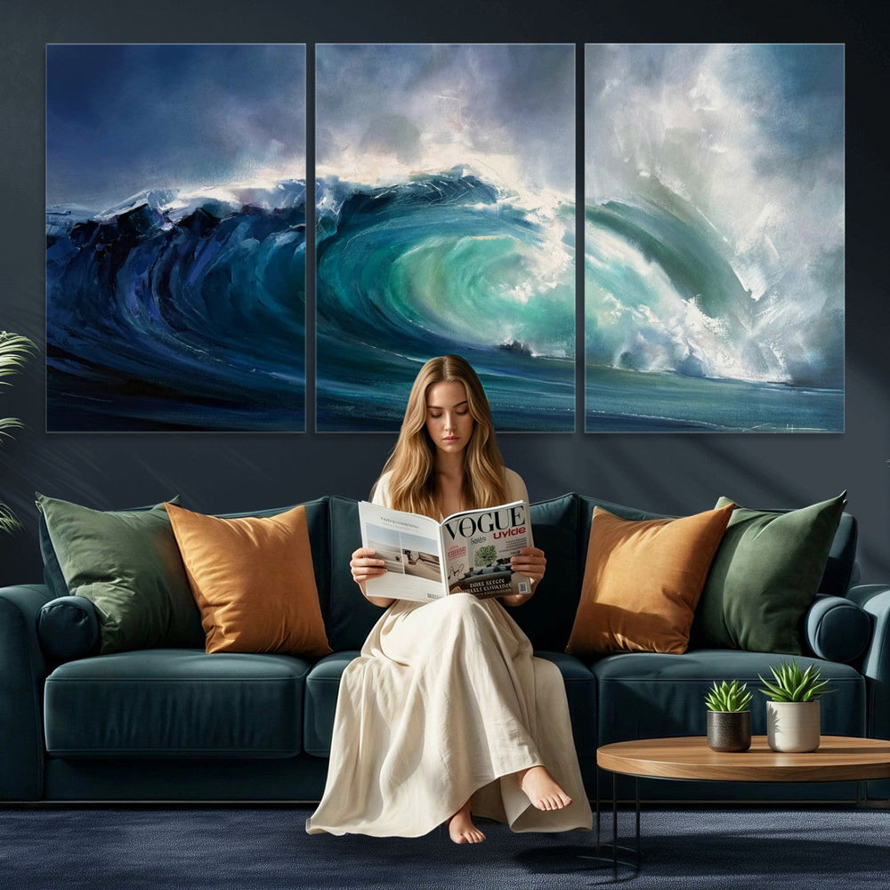 Ocean Wave Canvas Wall Art, Dramatic Teal Blue Seascape Oil