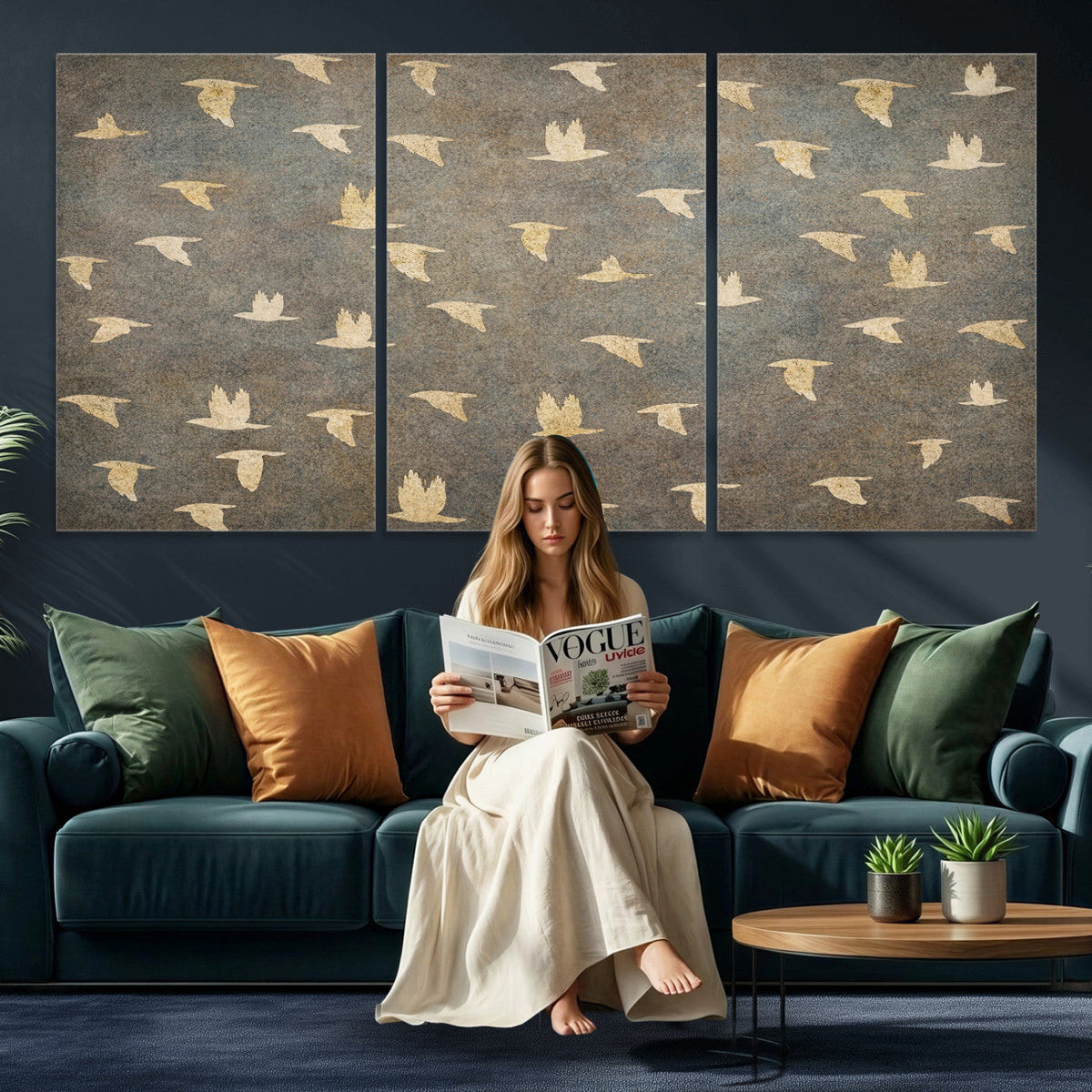 Flying Birds Canvas Wall Art, Vintage Bird Flock Pattern
