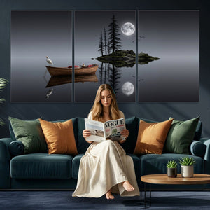 Moonlit Lake Canvas Wall Art, Dreamy Boat Heron Full Moon