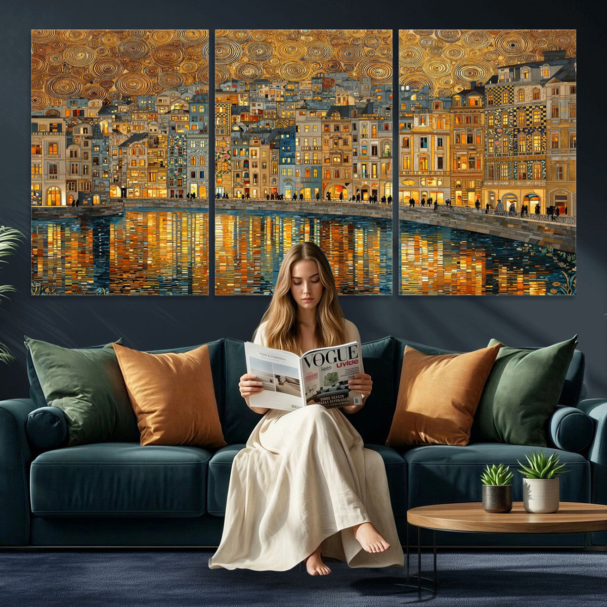 Gustav Klimt Golden Cityscape Wall Art Canvas Print, Framed