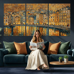 Gustav Klimt Golden Cityscape Wall Art Canvas Print, Framed