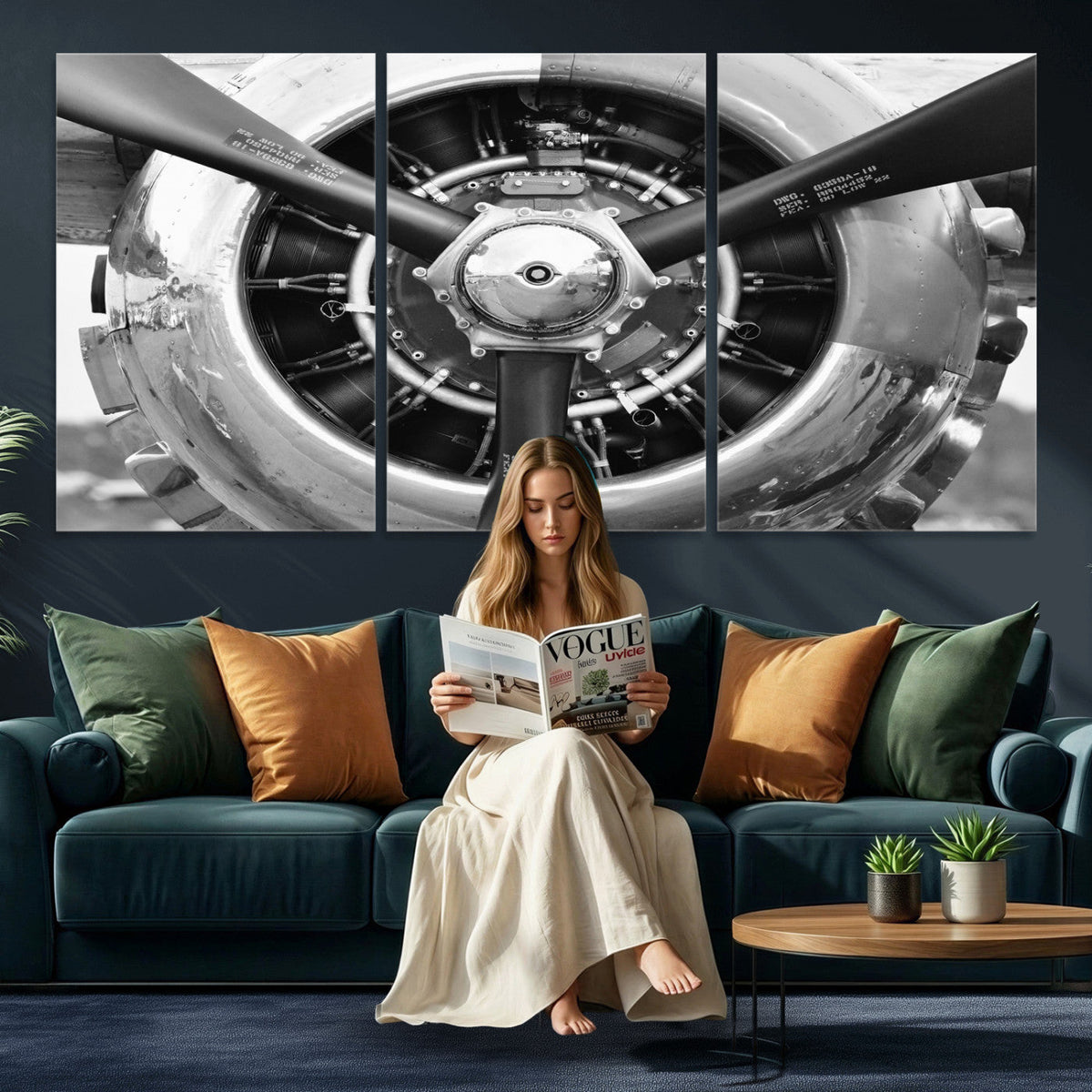 Vintage Propeller Plane Wall Art Canvas Print, Black and