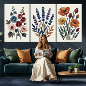 Watercolor Botanical Canvas Wall Art Set, Navy Terracotta