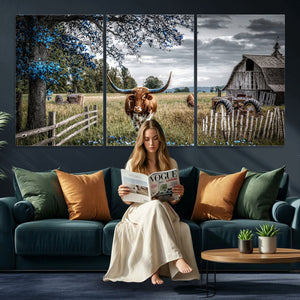Texas Longhorn Canvas Wall Art, Rustic Farm Barn Bluebonnet