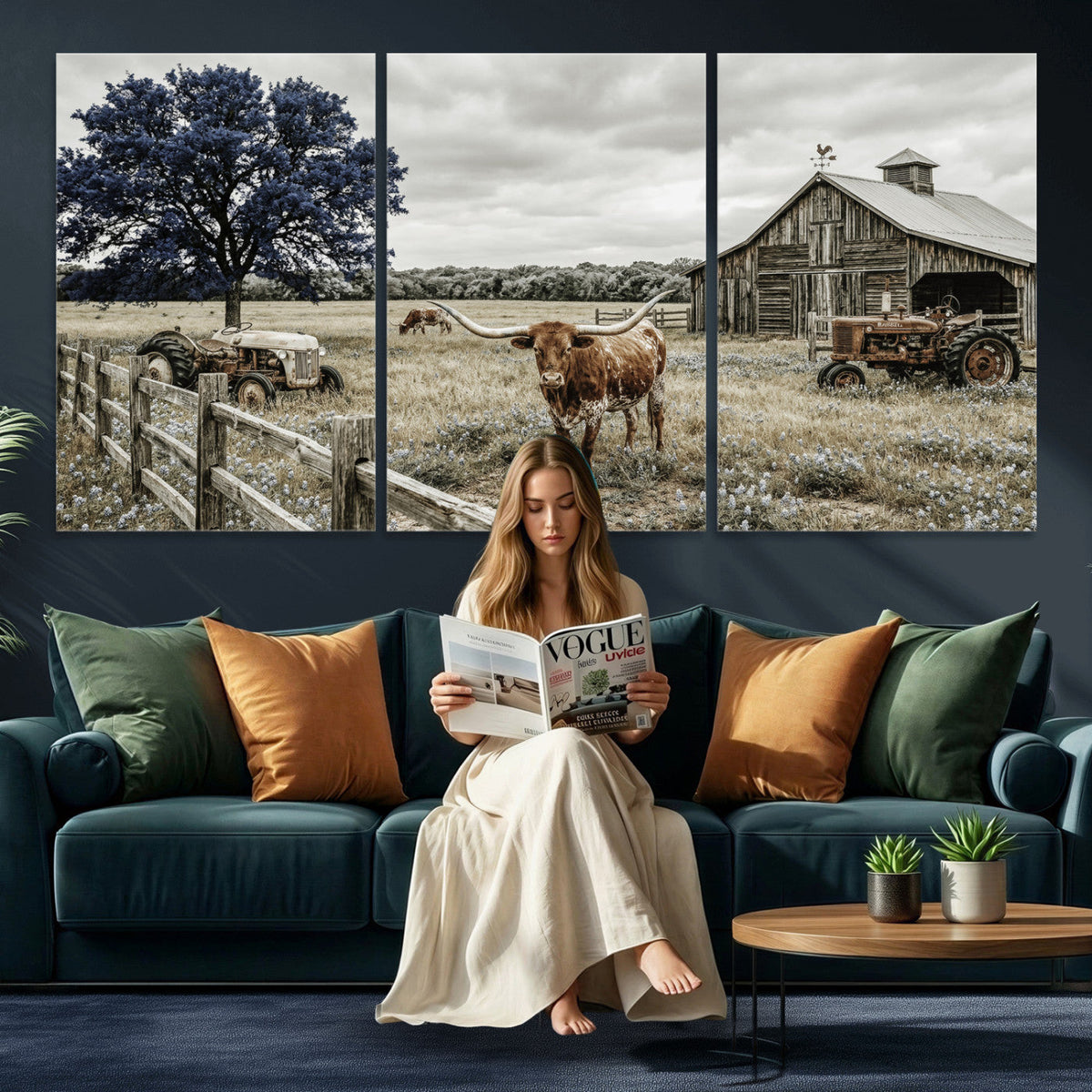 Texas Longhorn Canvas Wall Art, Rustic Farm Barn Bluebonnet