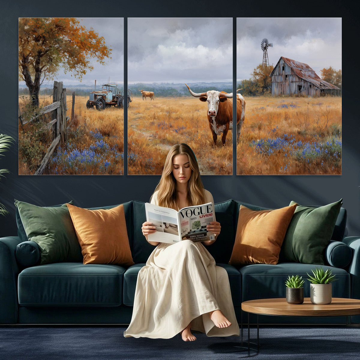 Texas Longhorn Canvas Wall Art, Rustic Farm Barn Bluebonnet