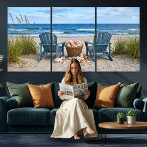 Large Beach Canvas Wall Art Coastal Adirondack Chairs Ocean