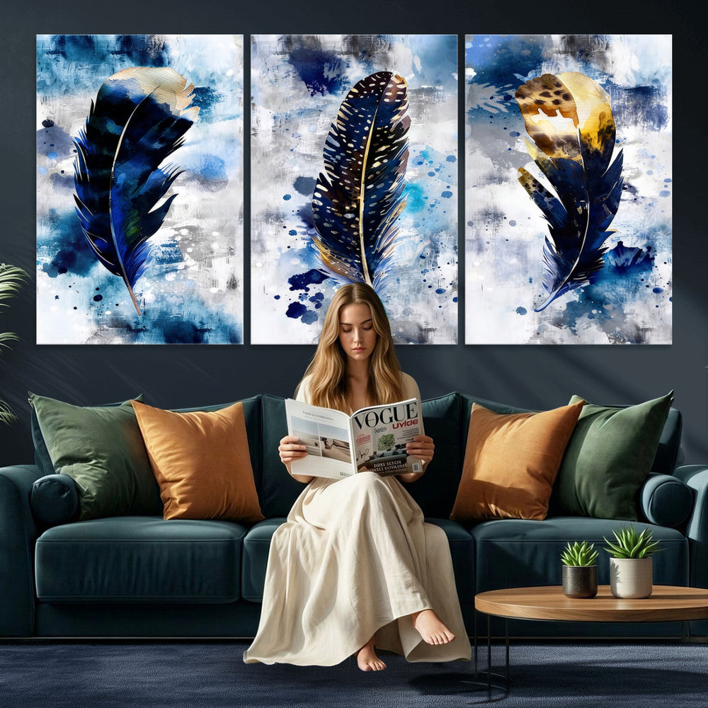 Feather Canvas Wall Art Navy Blue Gold Watercolor Abstract