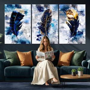 Feather Canvas Wall Art Navy Blue Gold Watercolor Abstract