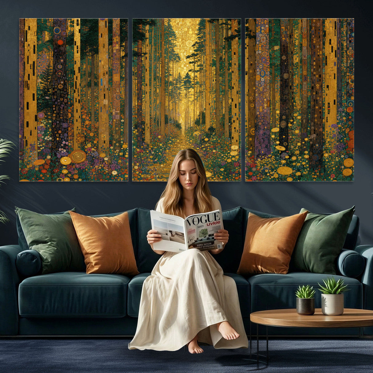 Gustav Klimt Style Forest Canvas Wall Art, Golden Forest Path Floral Art Nouveau Print, Enchanted Woodland Decor