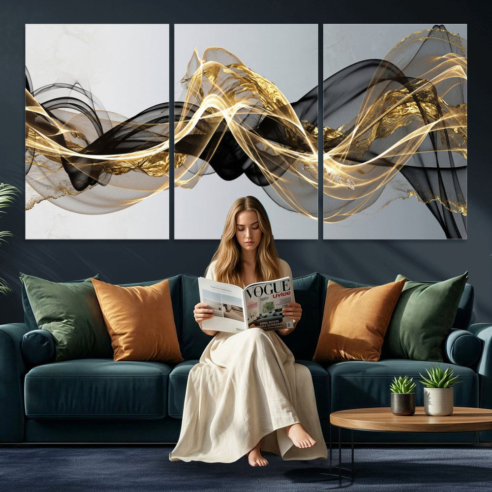Black and Gold Abstract Wall Art, Modern Wave Canvas Print, Elegant Flowing Smoke Art, Luxury Living Room Decor