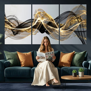 Black and Gold Abstract Wall Art, Modern Wave Canvas Print, Elegant Flowing Smoke Art, Luxury Living Room Decor