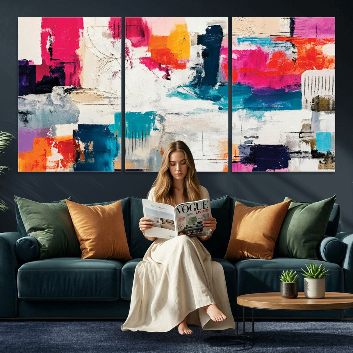 Blue Teal Abstract Canvas Wall Art, Modern Textured Painting Print, Navy Orange White Contemporary Art, Neutral Living Room Decor, Office Art