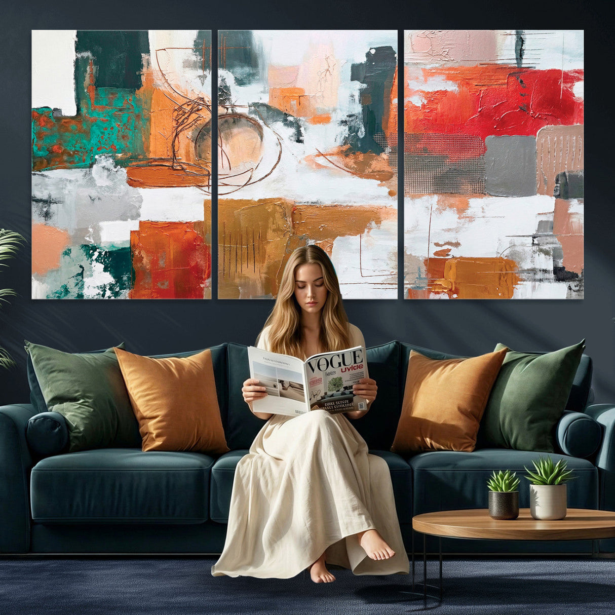 Blue Teal Abstract Canvas Wall Art, Modern Textured Painting Print, Navy Orange White Contemporary Art, Neutral Living Room Decor, Office Art
