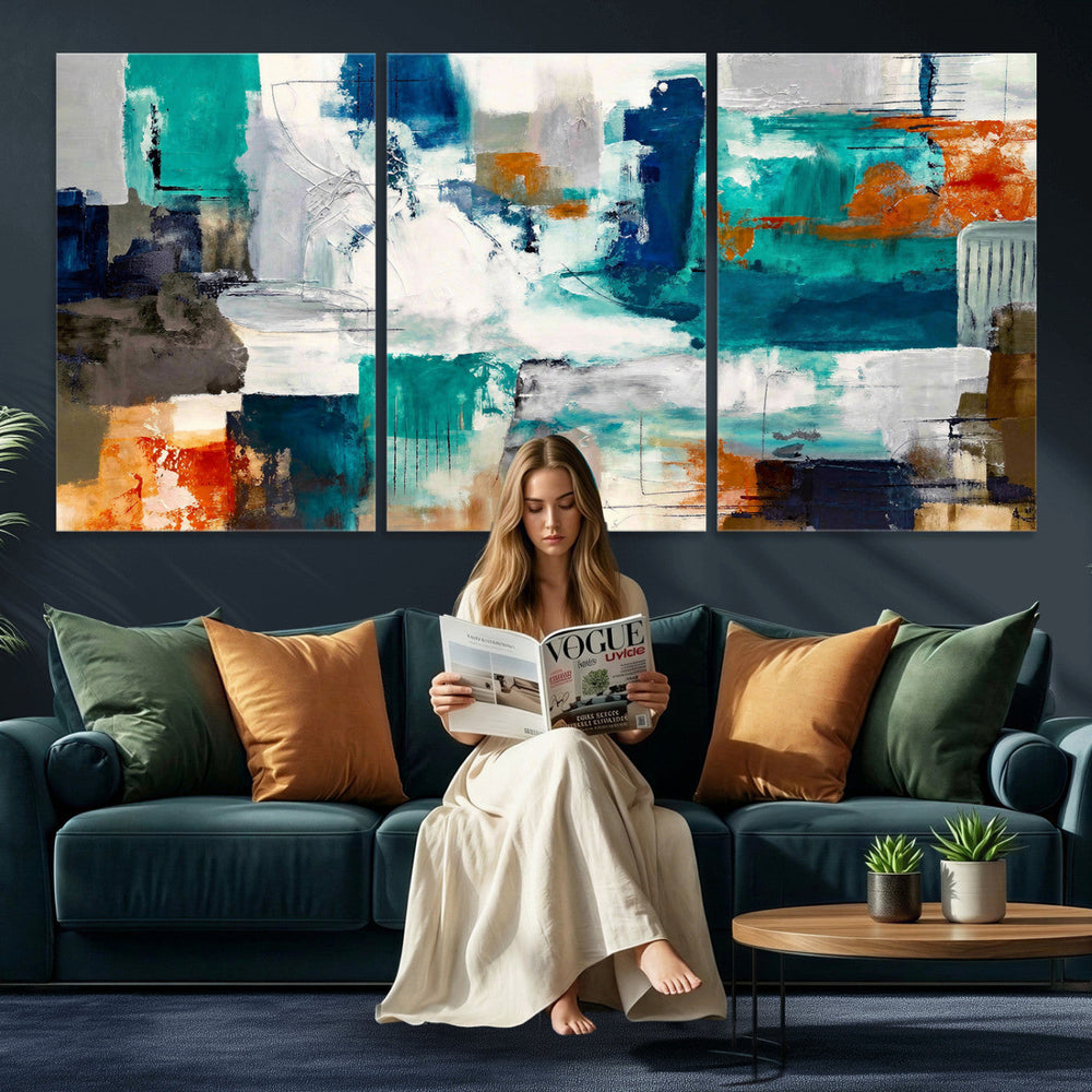 Blue Teal Abstract Canvas Wall Art, Modern Textured Painting Print, Navy Orange White Contemporary Art, Neutral Living Room Decor, Office Art