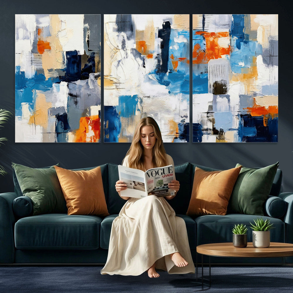 Blue Teal Abstract Canvas Wall Art, Modern Textured Painting Print, Navy Orange White Contemporary Art, Neutral Living Room Decor, Office Art