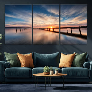 Wooden Pier on Seascape and Sunset Wall Art Canvas Print
