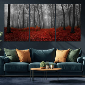 Red Forest Floor Canvas Wall Art – Mystical Foggy Woodland