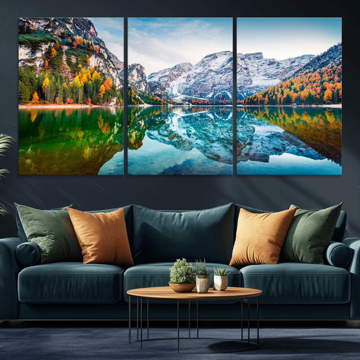 Spectacular autumn view of Braies Lake Wall Art Canvas Print