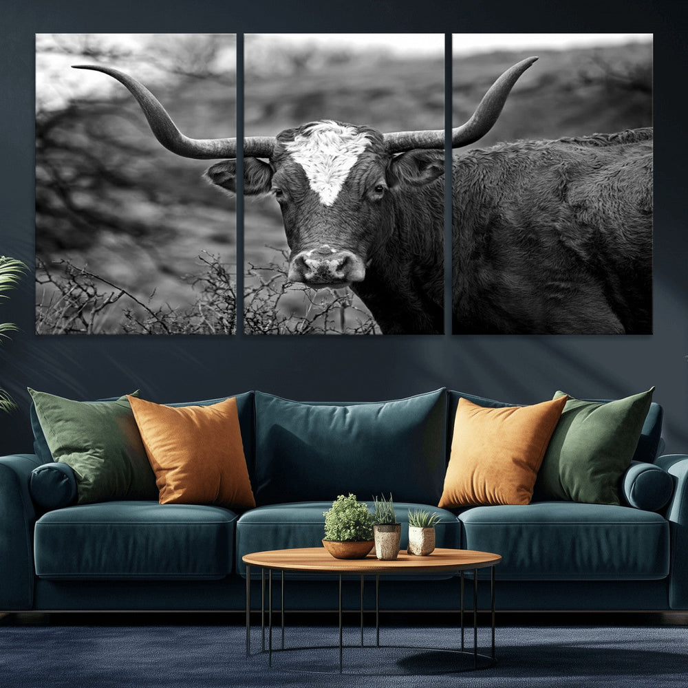 Western Home Wall Art Canvas Print, Framed Texas Longhorn