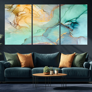 Abstract Aqua and Gold Fluid Wall Art Canvas | 3 Panel Large