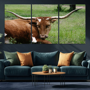 Longhorn Steer Canvas Wall Art – Rustic Nature Triptych