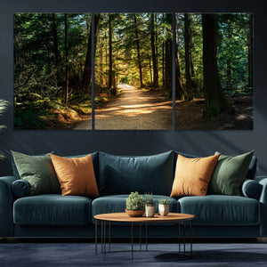 Sunlit Forest Pathway Canvas Print | 3 Panel Large Nature