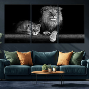 Large Black and White Lion Couple Wall Art Canvas Print –