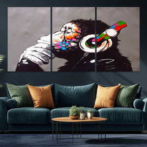 Dj Monkey Listening to Music Wall Art Print | Banksy Monkey