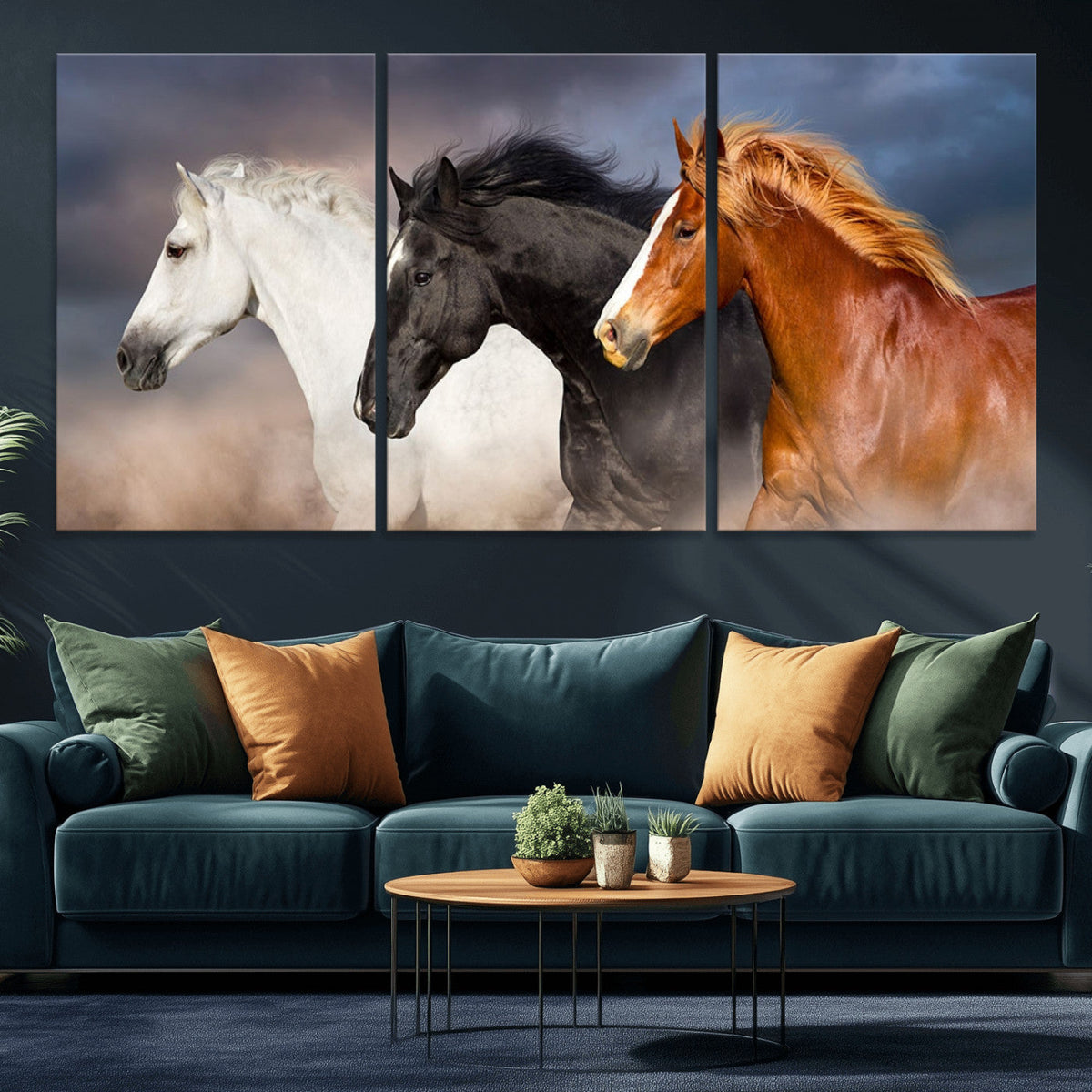 Animal Wall Art Three Horses Farmhouse Art Canvas, Framed