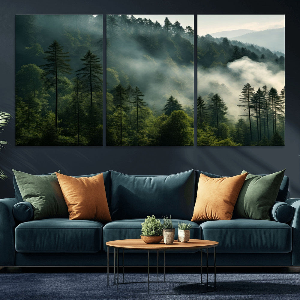 Misty Forest Wall Art Premium Canvas Print a Foggy and
