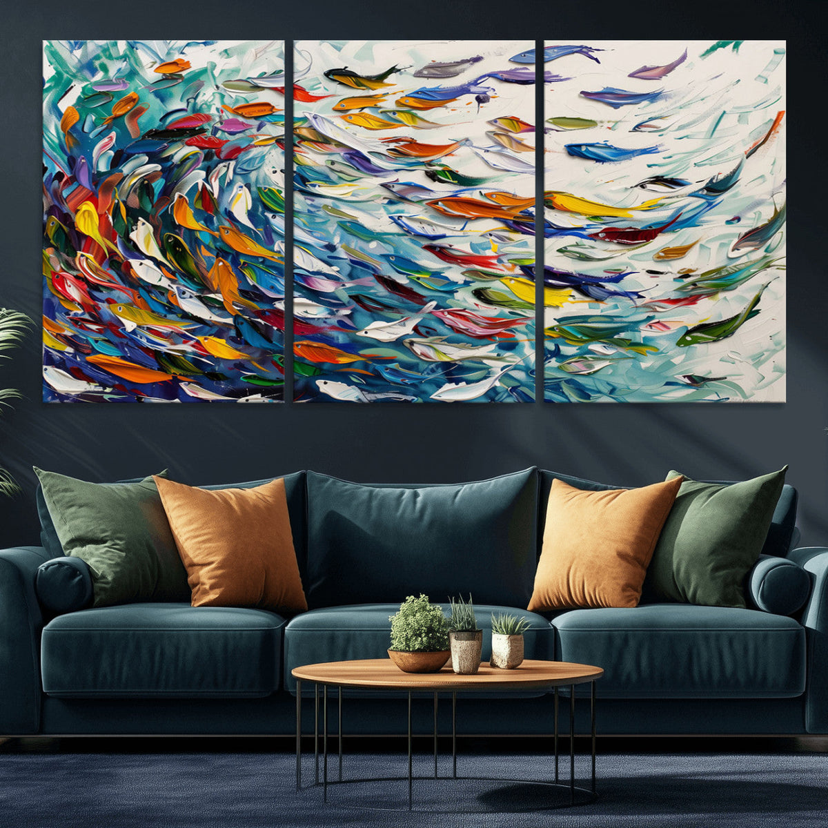 Modern Abstract Fish Shoal Wall Art Canvas Print, Colorful