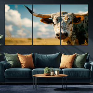 Longhorn in the Prairie - Stunning Ranch-Style Triptych Wall
