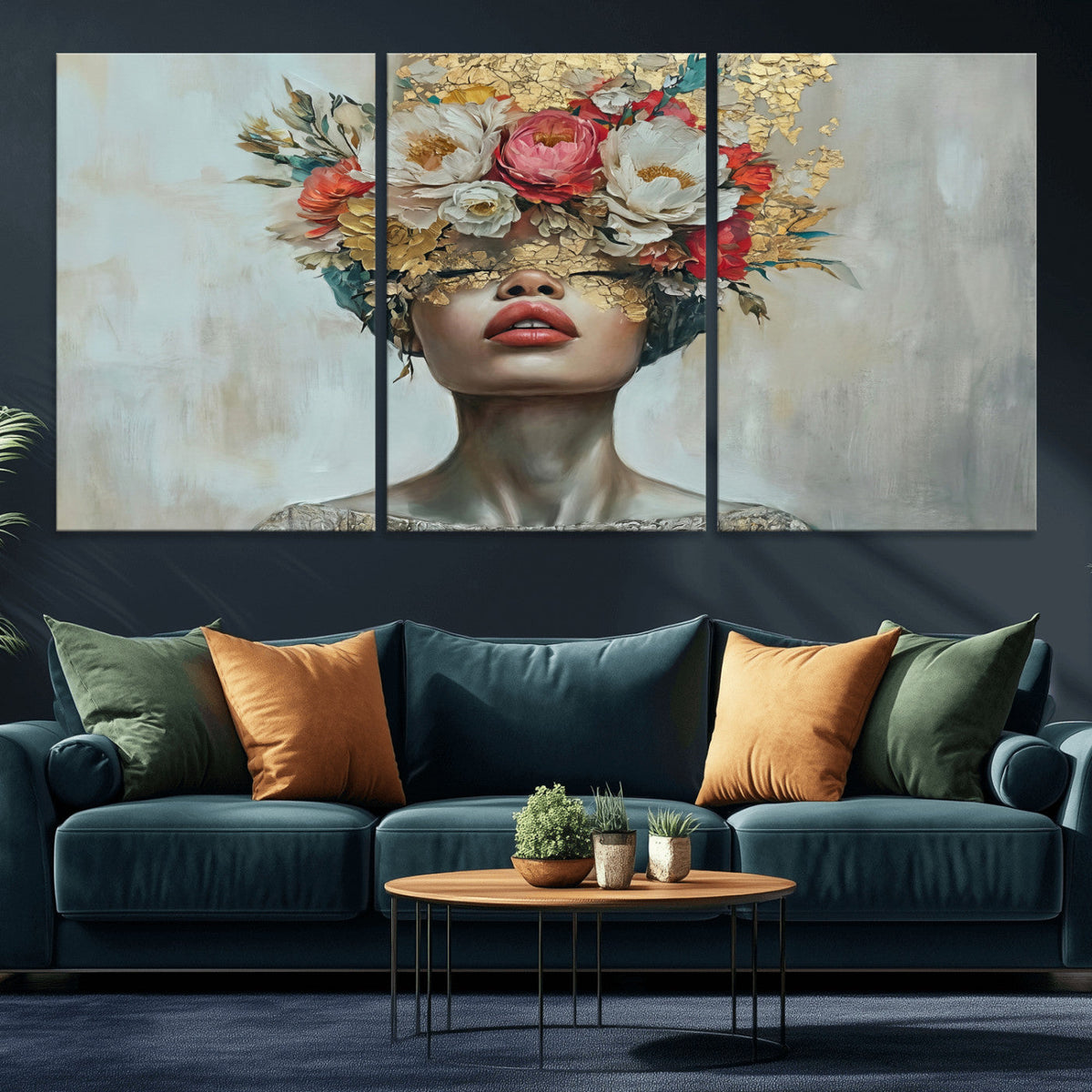 Golden Petal Wall Art Canvas Print - Silhouette Woman Wall