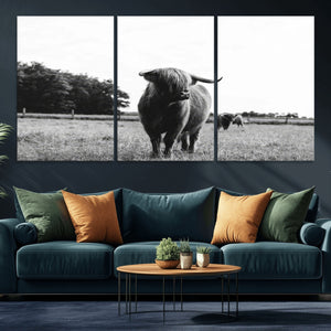 Black and White Highland Cow Wall Art Canvas Print | Rustic