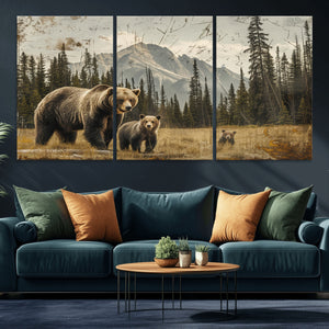 Rustic Grizzly 399 Bear Family Wall Art Canvas Print