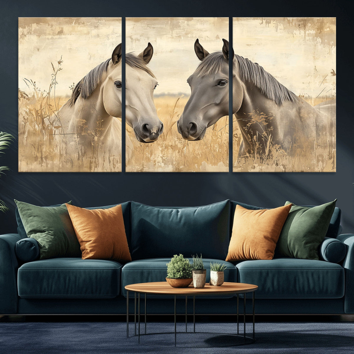 Chines Ink Style Grunge Horses Wall Art Canvas Print