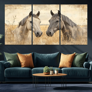 Chines Ink Style Grunge Horses Wall Art Canvas Print