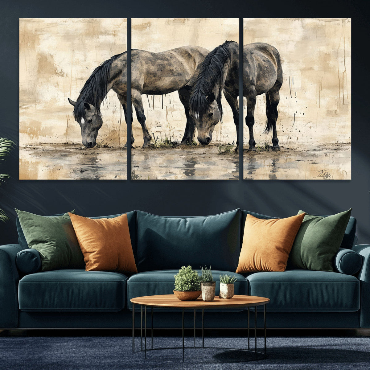 Chinese Style Abstract Black Horses Wall Art Canvas Print -