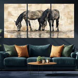 Chinese Style Abstract Black Horses Wall Art Canvas Print -