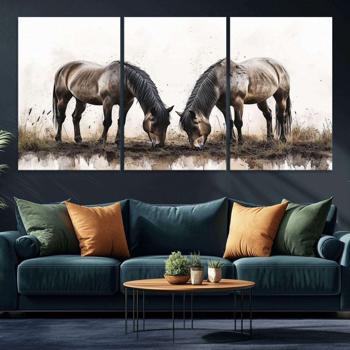 Chines Ink Style Horses Wall Art Canvas Print