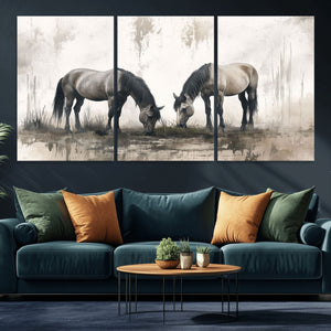 Chines Ink Style Vintage Horses Wall Art Canvas Print for