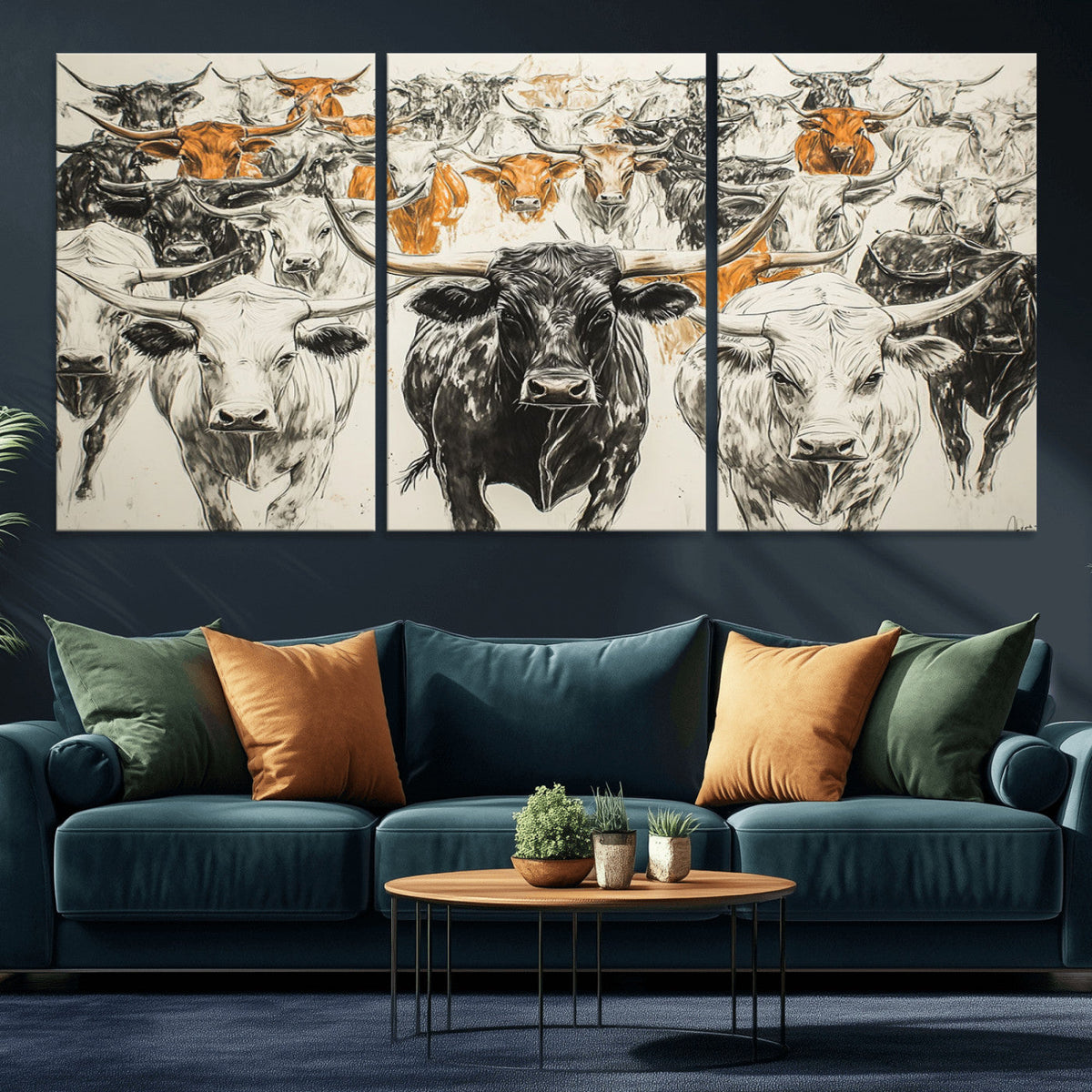 Farmhouse Wall Art | Western Longhorn Cattle Canvas Print |