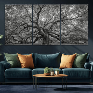 Majestic Angel Oak Tree Black and White Canvas Print – Multi