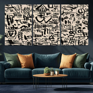 Abstract Love and Chaos Canvas Print, Black Symbols on Beige