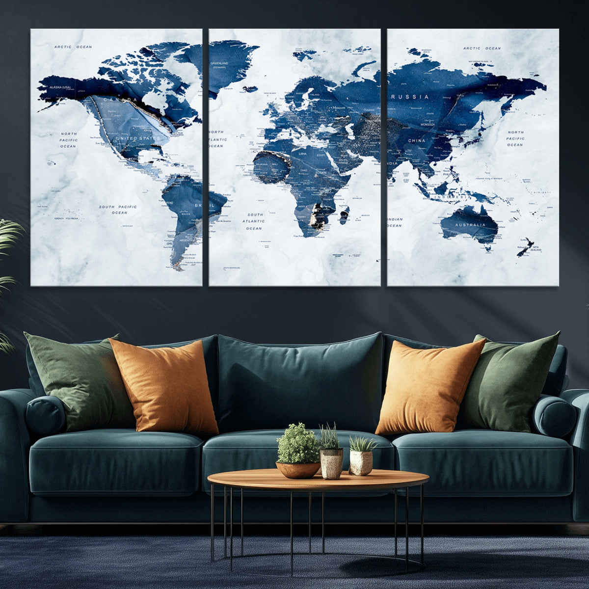 Modern Blue World Map Canvas Print – Framed Wall Art,
